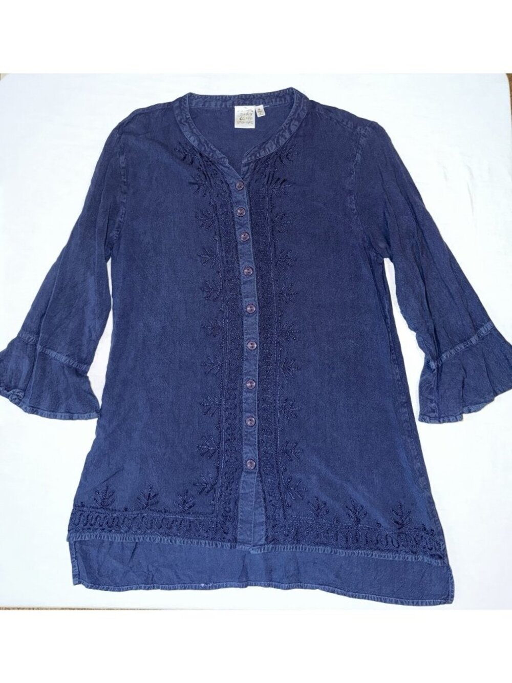 Parsley & Sage Boho Embroidered Blue Button Down Rayon Tunic Blouse Top Size Med